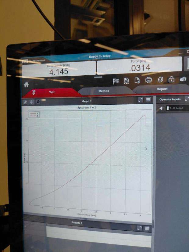 Instron screen showing a force versus displacement curve