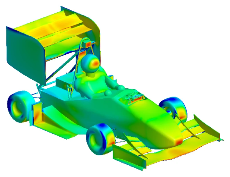 Full-car CFD result for the MIT Motorsports MY26 car, with surface pressure coefficient colored from blue suction to red stagnation