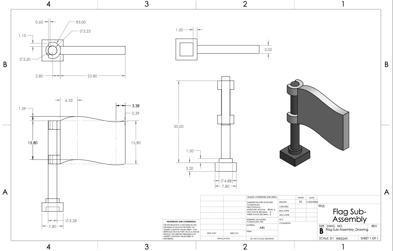 Dimensioned engineering drawing of the flag sub-assembly with title block