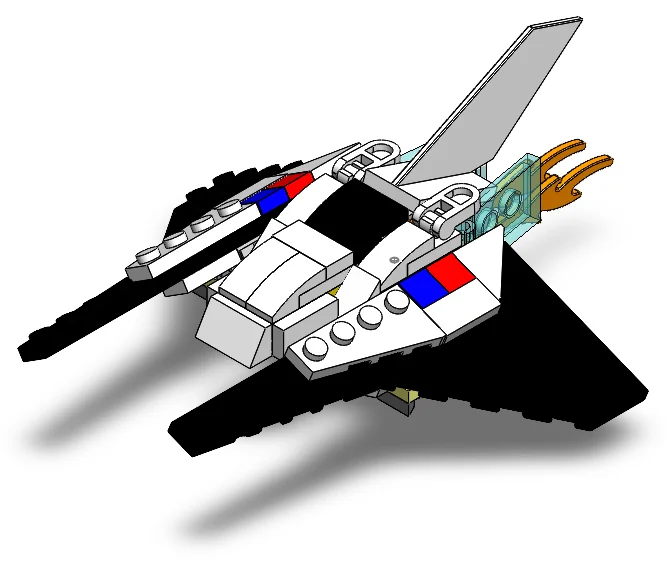 SolidWorks render of the LEGO spaceship with orange engine flames