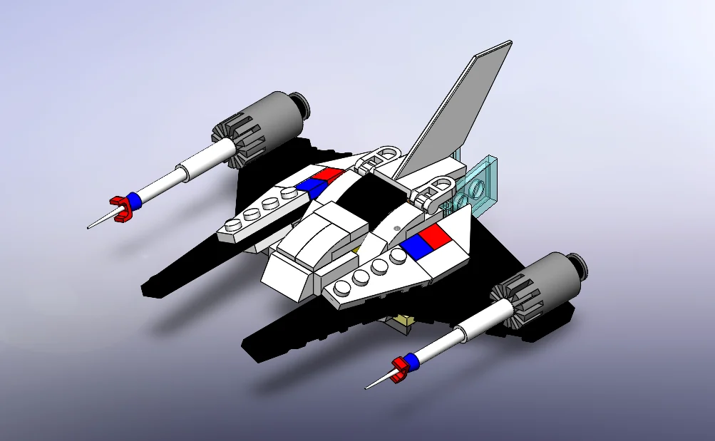 SolidWorks render of the LEGO spaceship with two wing-mounted laser cannons