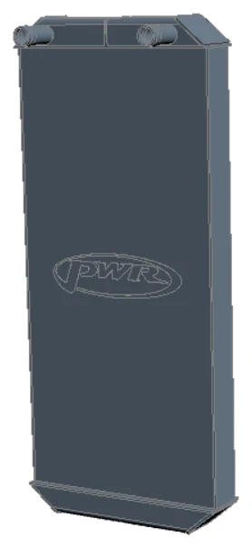 CAD model of the PWR radiator with its top tank and two coolant fittings