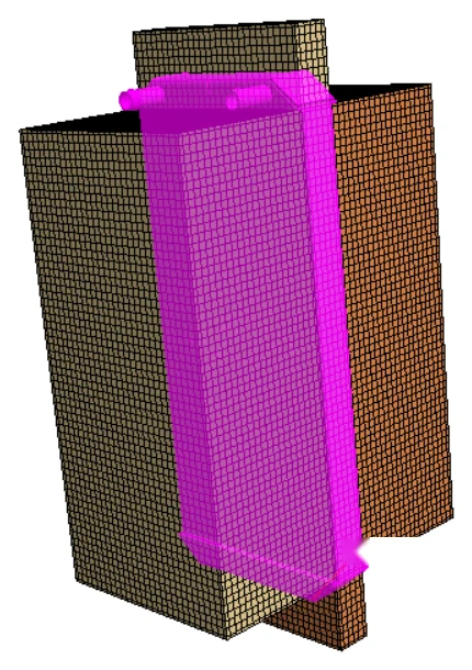 Radiator CAD shown in magenta overlaid on the radiator mesh