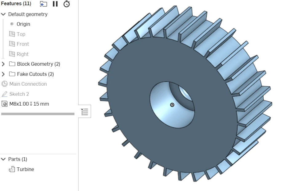 Onshape model of the turbine rotor, a disk ringed with rectangular blades and a central threaded bore, beside its feature tree