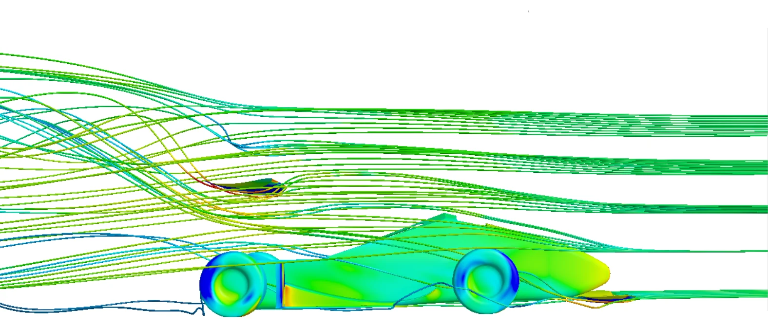 Streamlines colored by velocity flowing over the MY26 car, side view