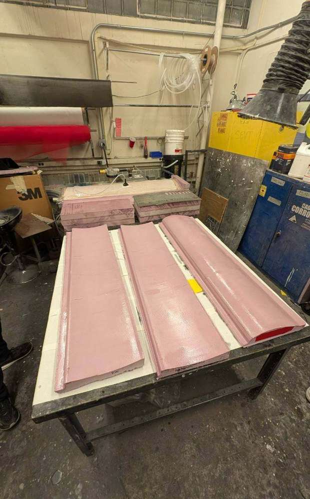 Pink foam plugs for wing elements, sealed and ready for layup
